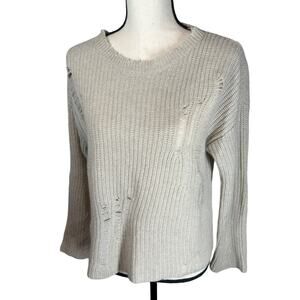 Autumn Cashmere Beige Cashmere‎ Distressed Crew Neck Sweater Medium